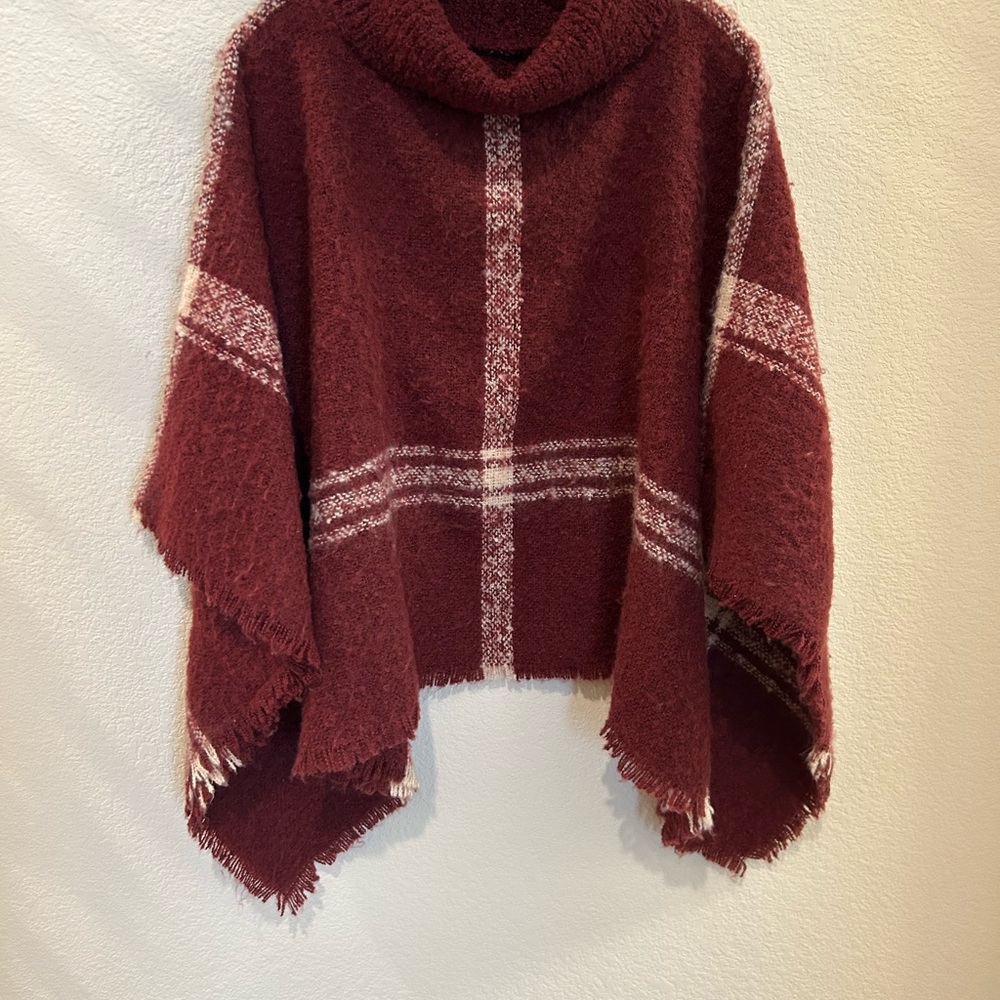 Women’s’ one-size knit turtleneck, poncho in maroon, and cream plaid - Picture 2 of 11